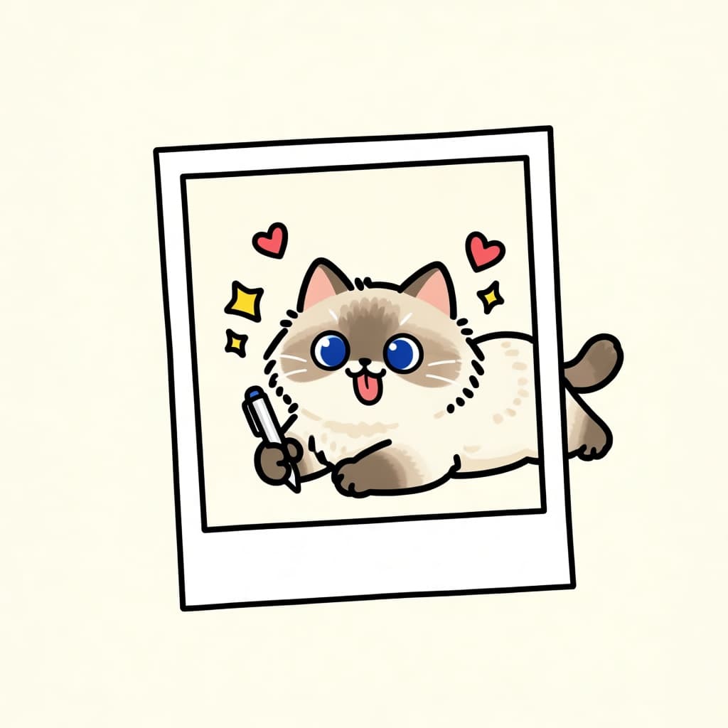 ぴこりのキャラクターが写真にペンで絵を描いている様子